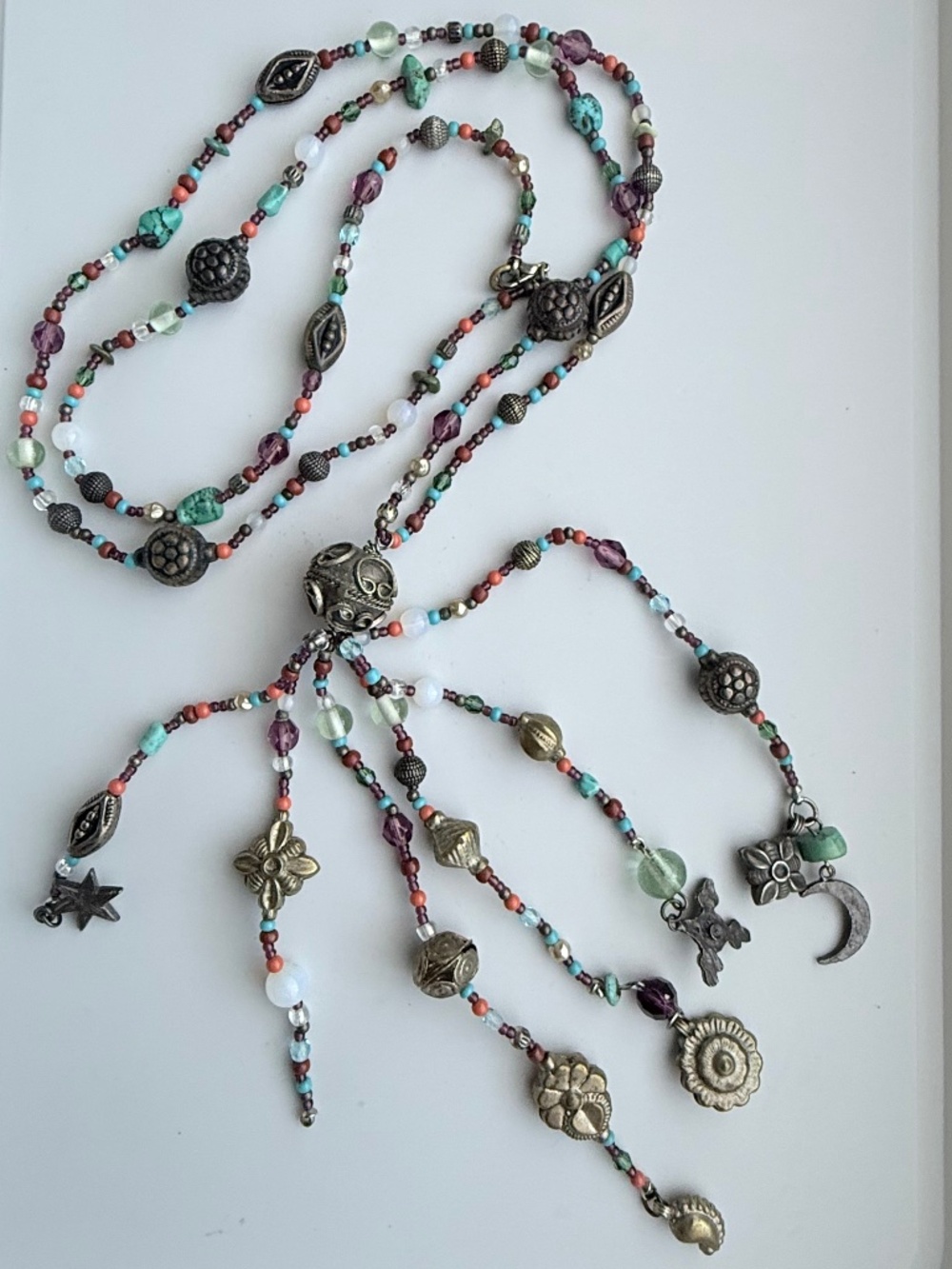Vintage Artisan Bohemian Beaded Lariat Tassel Charm Necklace
